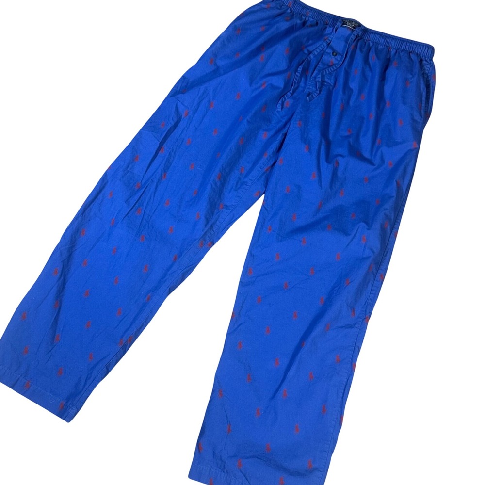 Polo Ralph Lauren Pajama Pants Mens Large Blue AOP Red Pony Logo Print Lounge